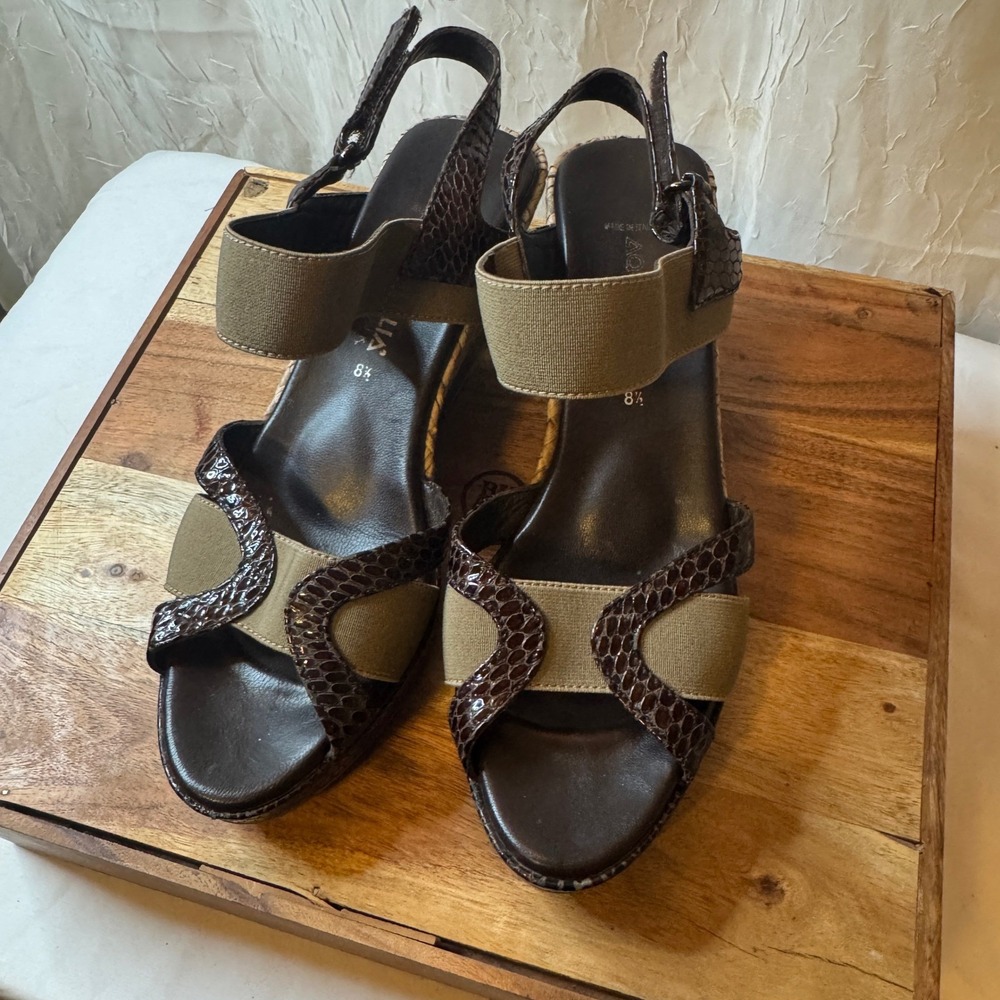 Aquatalia Wedge Sandals 8.5 Brown Olive Snakeskin Woven Made in Italy Open Toe - Picture 2 of 8